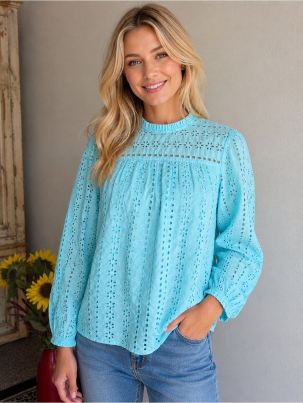 J. Crew Ditsy Eyelet Turquoise Blouse Size Small NWT